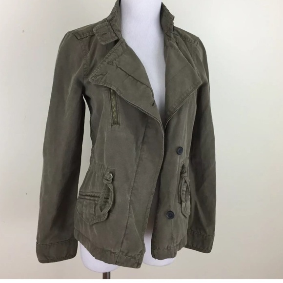 LUCKY BRAND Khaki Green asymmetrical military jacket L - Picture 5 of 11